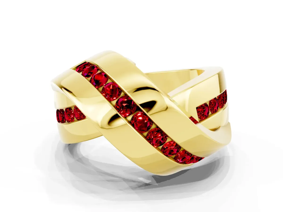 Pavé Round Ruby Crossover Band with Channel Setting Yellow gold