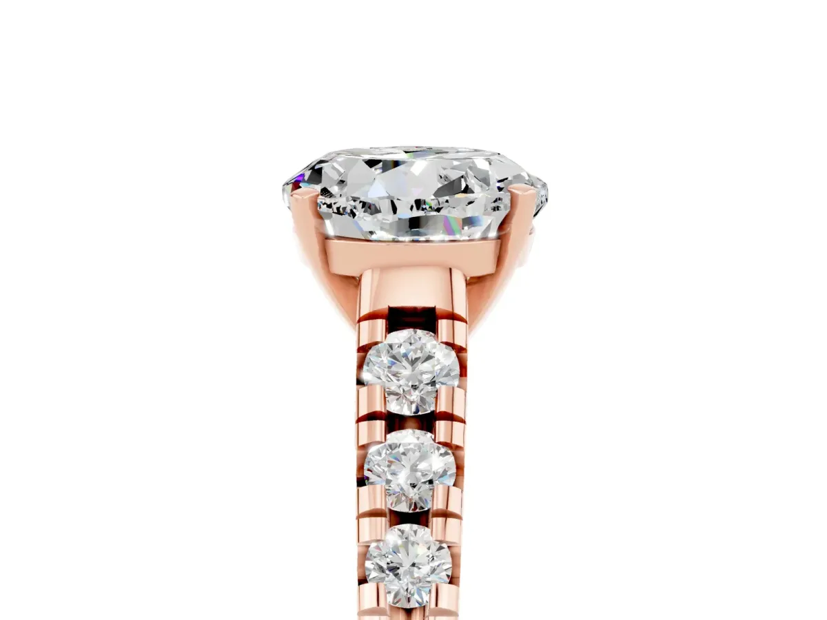 Round Cut Moissanite Cathedral Solitaire Ring with Round Pavé Band Rose gold
