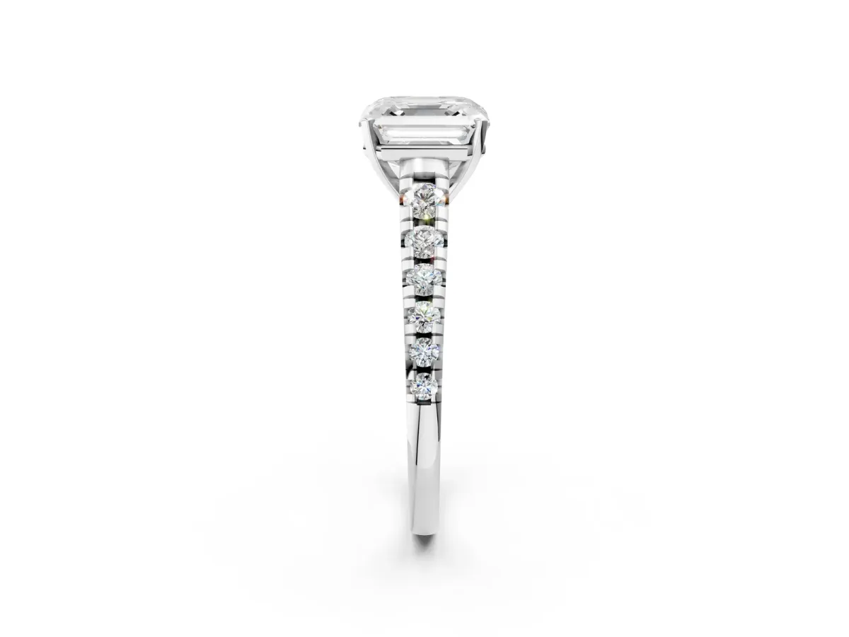Asscher Cut Diamond Cathedral Solitaire Ring with Round Pavé Band Platinum