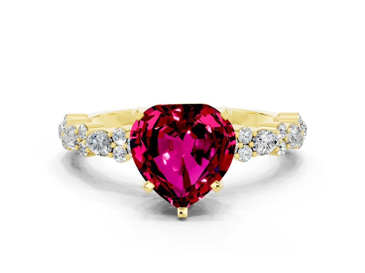 Heart Cut Garnet Side Stone Solitaire Ring with Round and Four-Prong Setting Yellow gold
