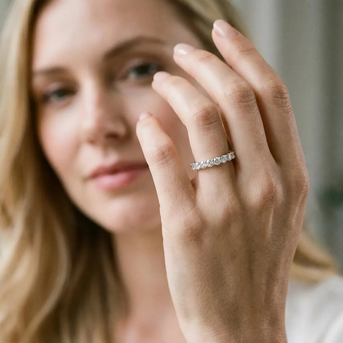 Round Diamond Eternity Band with Pavé Setting and Shared Prong Platinum