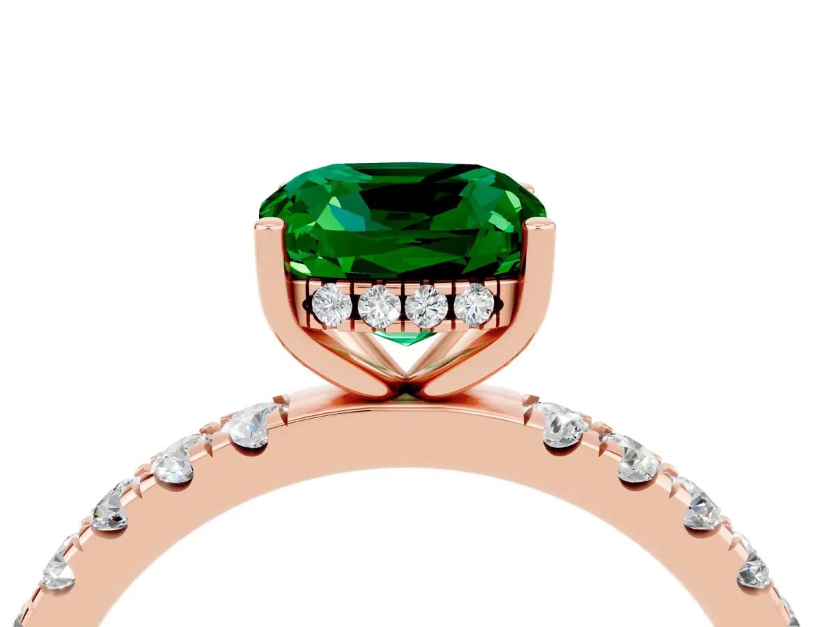 Cushion Cut Emerald Pave Band Solitaire Ring with Round and Prong Setting Rose gold