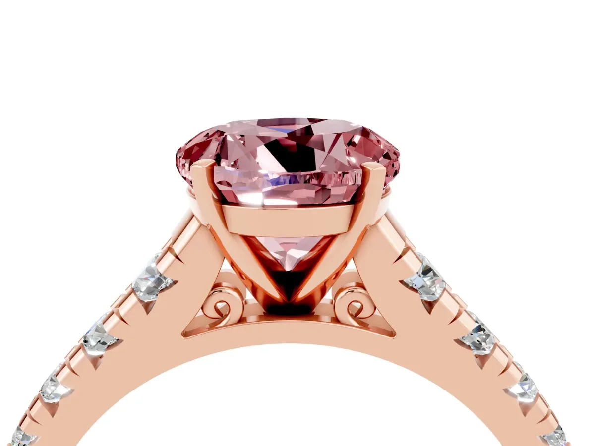 Round Cut Morganite Cathedral Solitaire Ring with Round Pavé Band Rose gold