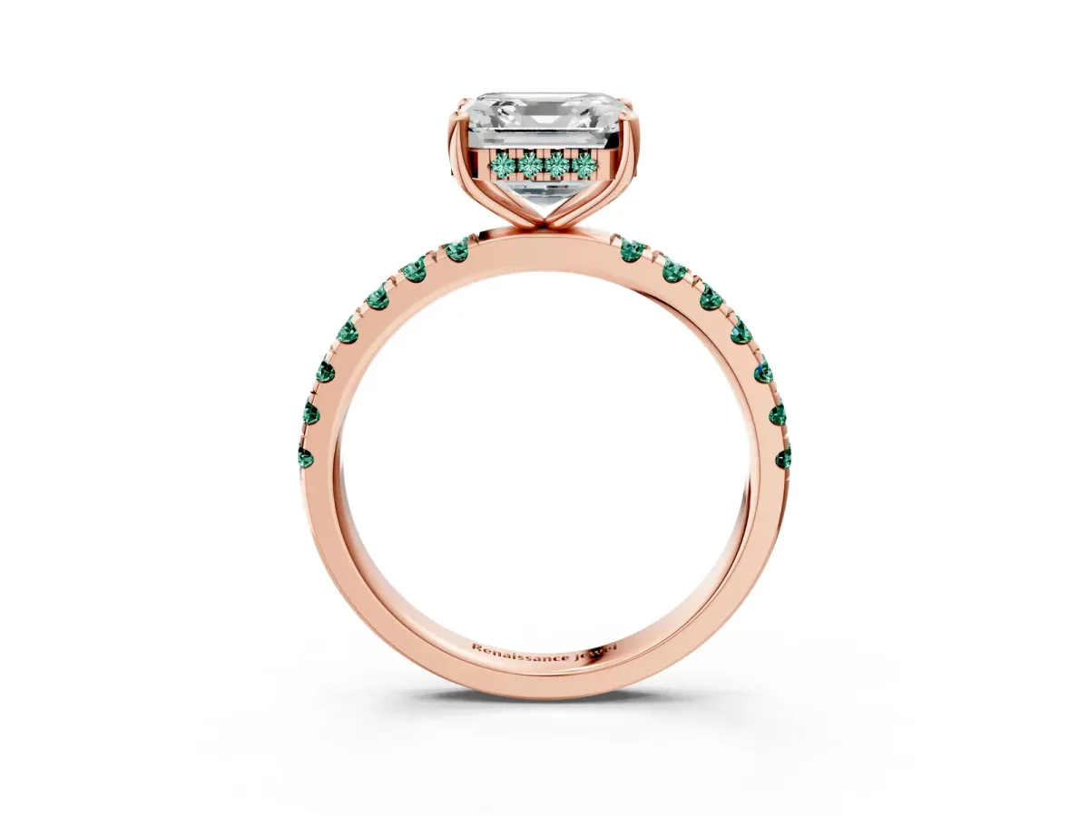 Asscher Cut Diamond Pave Band Solitaire Ring with Round Green Sapphire and Prong Setting Rose gold
