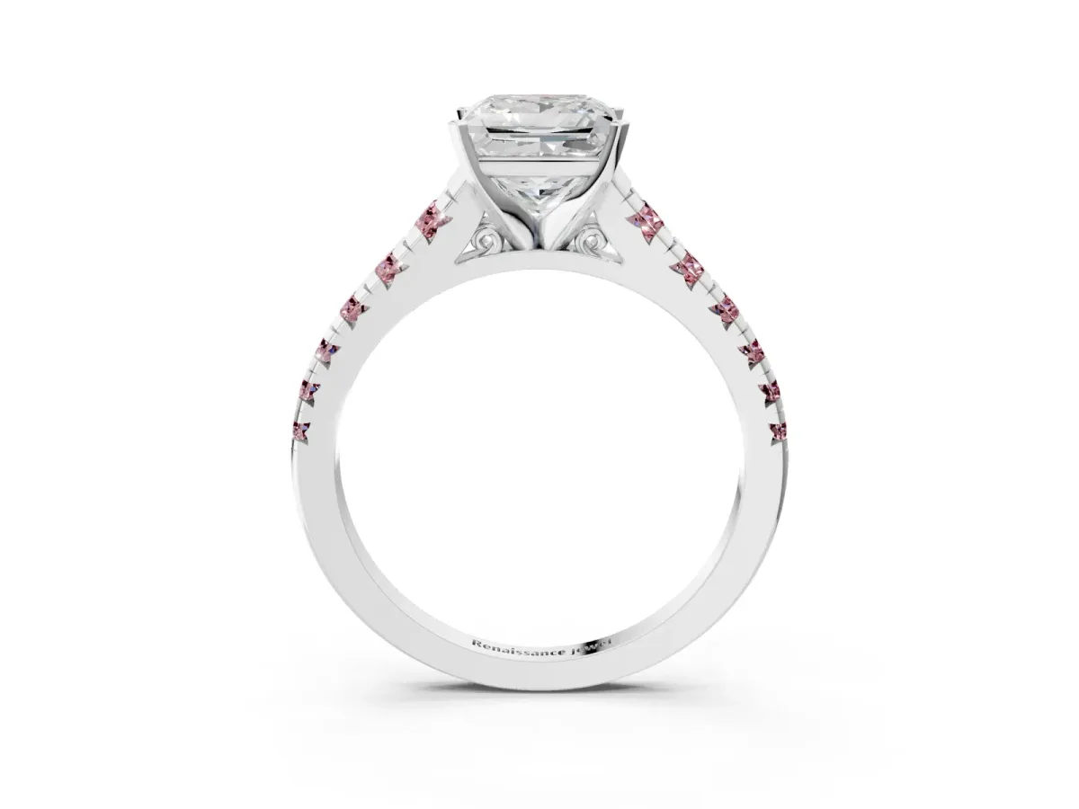Princess Cut Diamond Cathedral Solitaire Ring with Round Morganite Pavé Band Platinum