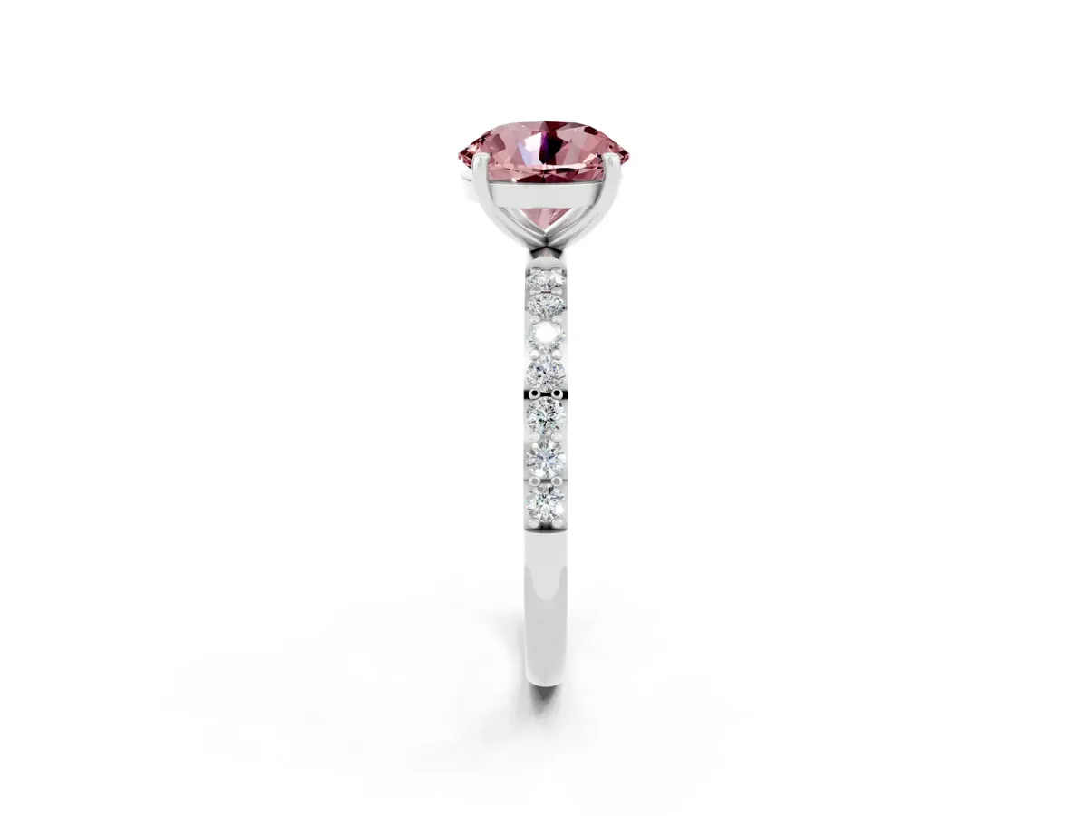 Round Cut Morganite Solitaire Ring with Round Pavé Band and Prong Setting White gold