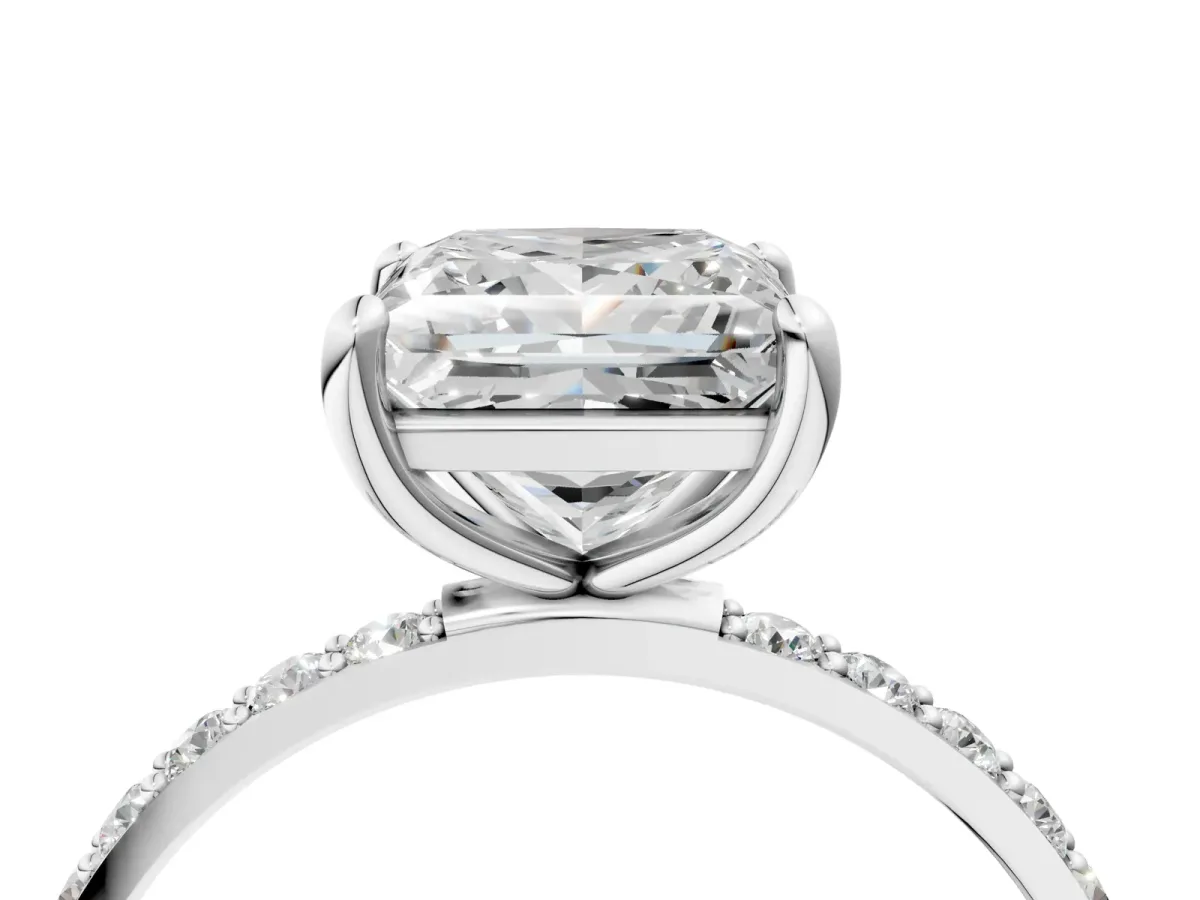 Princess Cut Diamond Solitaire Ring with Round Pavé Band and Prong Setting Platinum