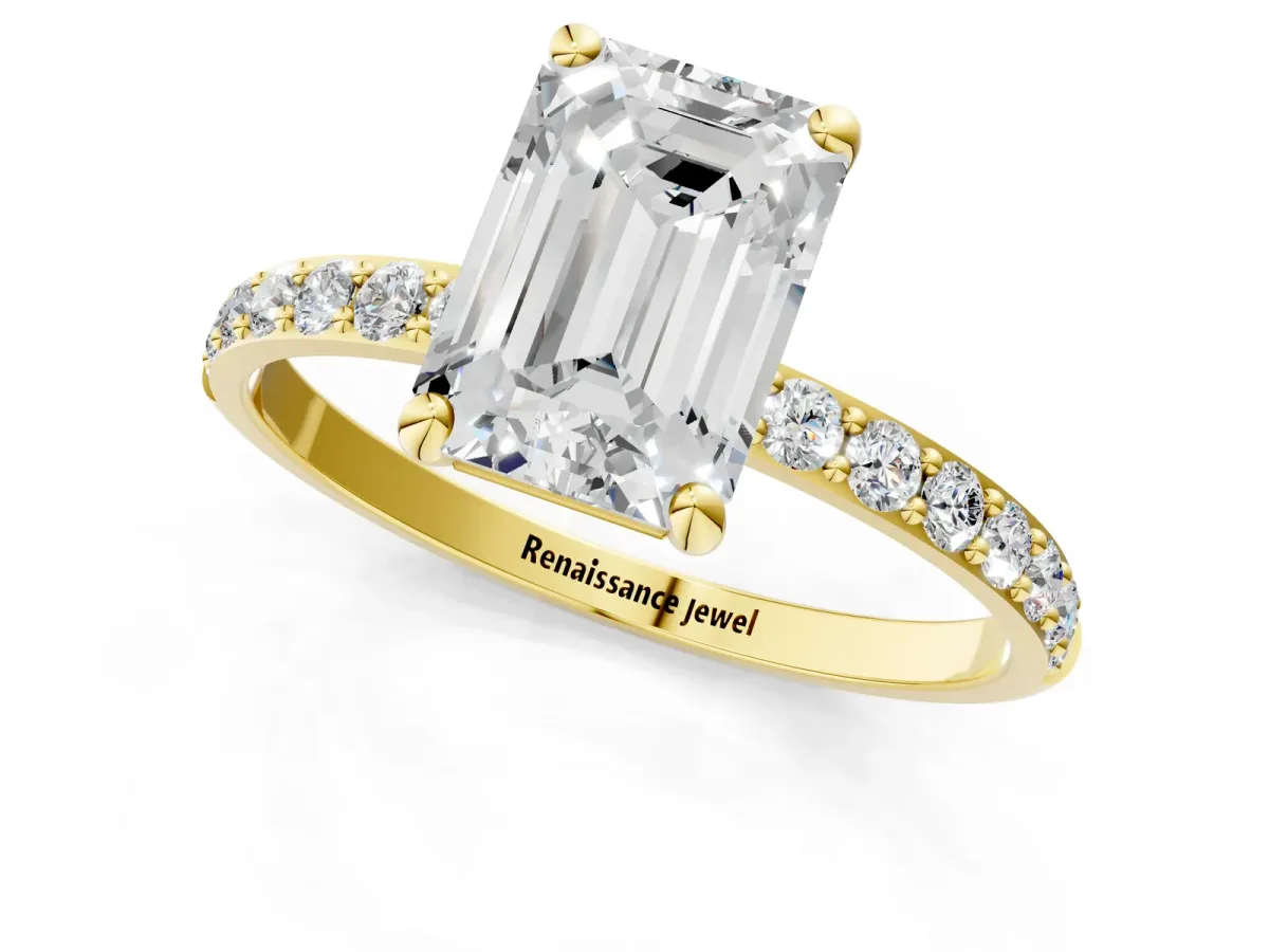 Emerald Cut Diamond Solitaire Ring with Round Moissanite Pavé Band and Prong Setting Yellow gold