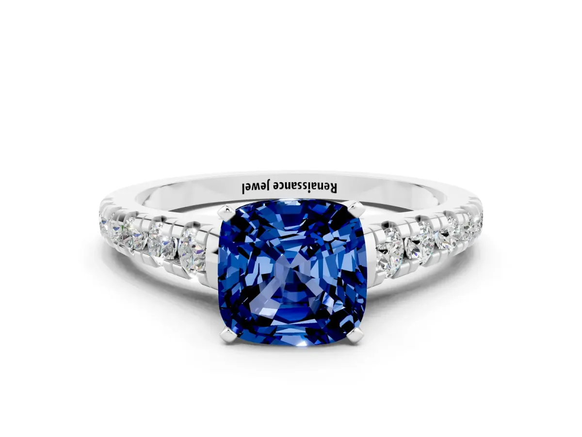 Cushion Cut Blue Sapphire Cathedral Solitaire Ring with Round Pavé Band Silver