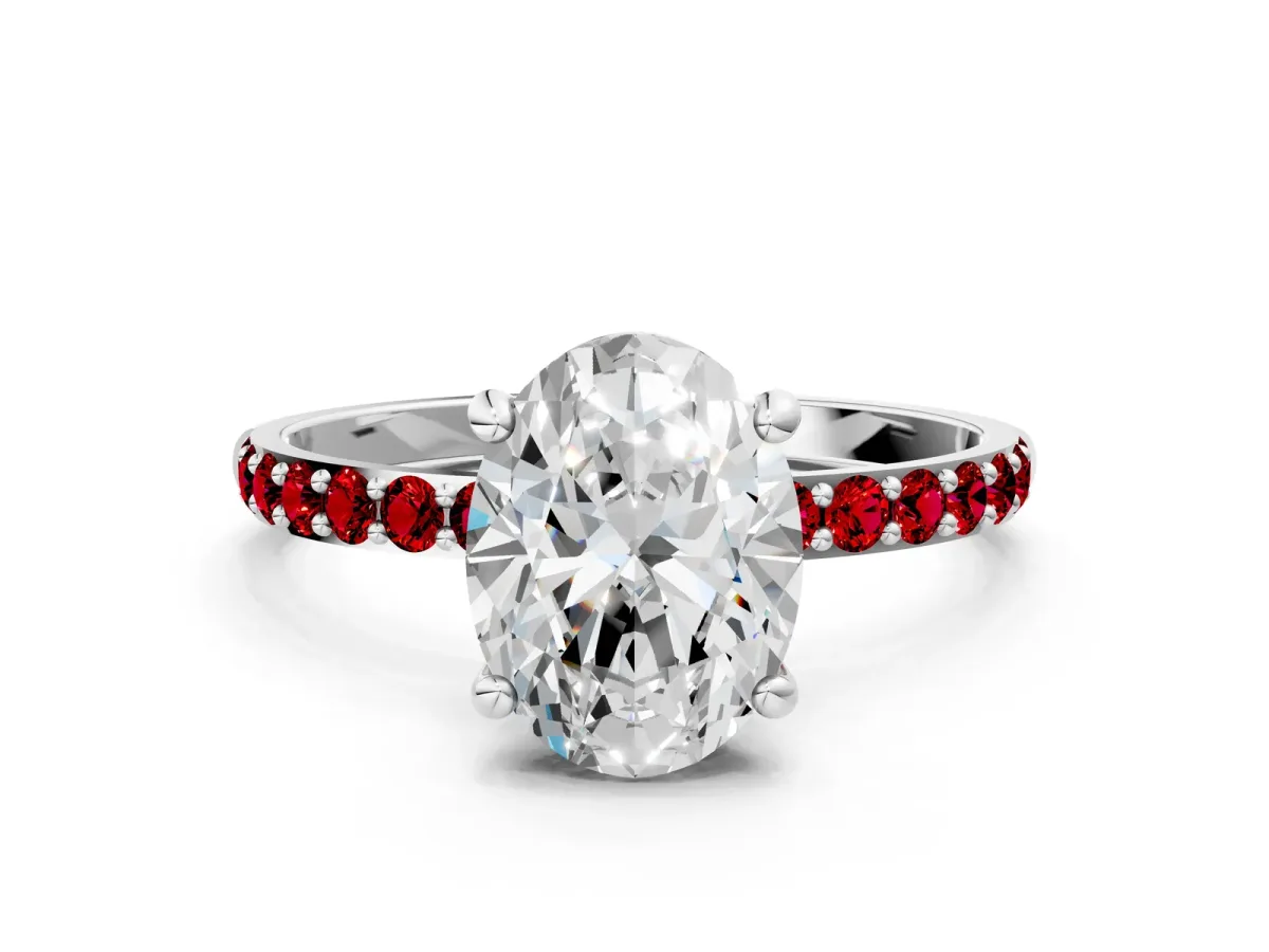 Oval Cut Diamond Solitaire Ring with Round Ruby Pavé Band and Prong Setting Platinum
