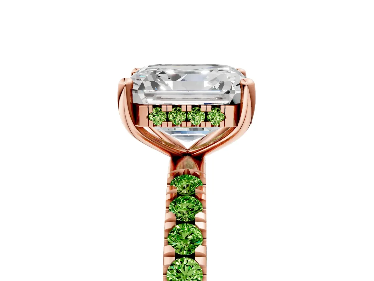 Asscher Cut Diamond Pave Band Solitaire Ring with Round Peridot and Prong Setting Rose gold