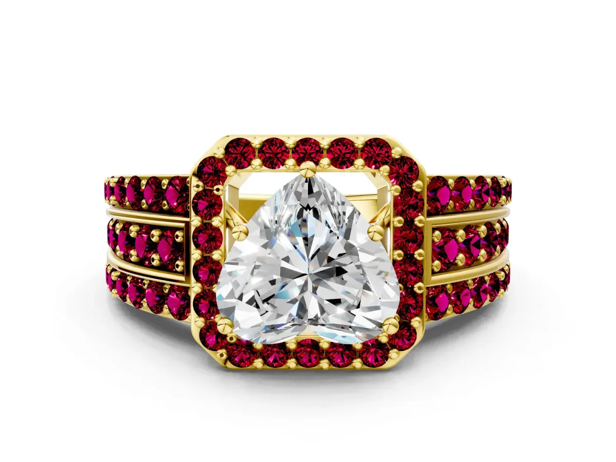 Heart Cut Halo Diamond Ring with Round Garnet Split Shank and Prong Setting Yellow gold