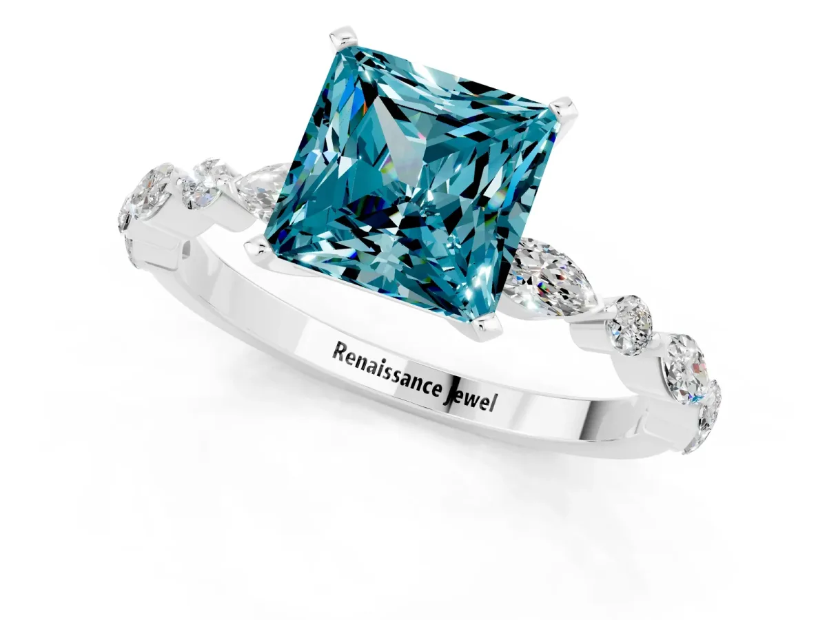 Princess Cut Blue Topaz Ring with Marquise and Round Side Stones and Four-Prong Setting Silver