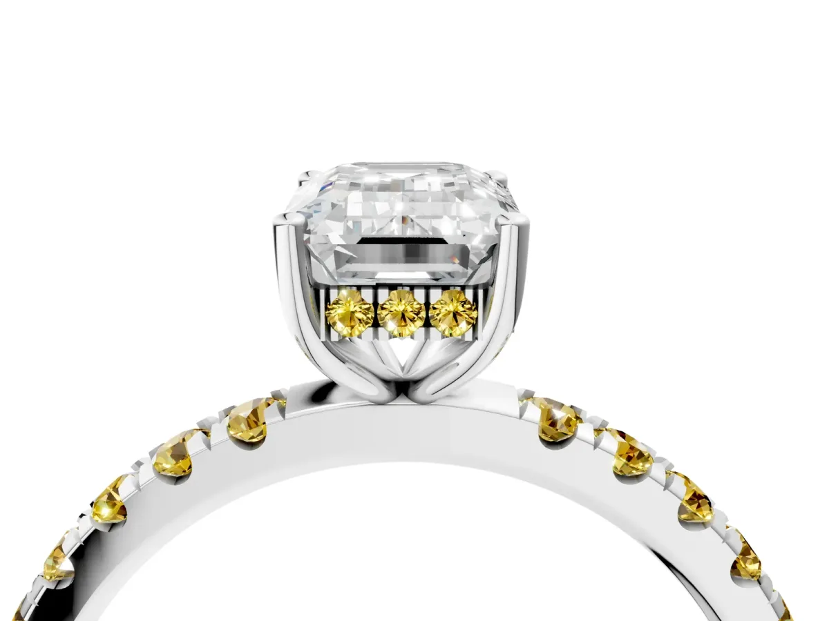 Emerald Cut Diamond Pave Band Solitaire Ring with Round Yellow Sapphire and Prong Setting Platinum