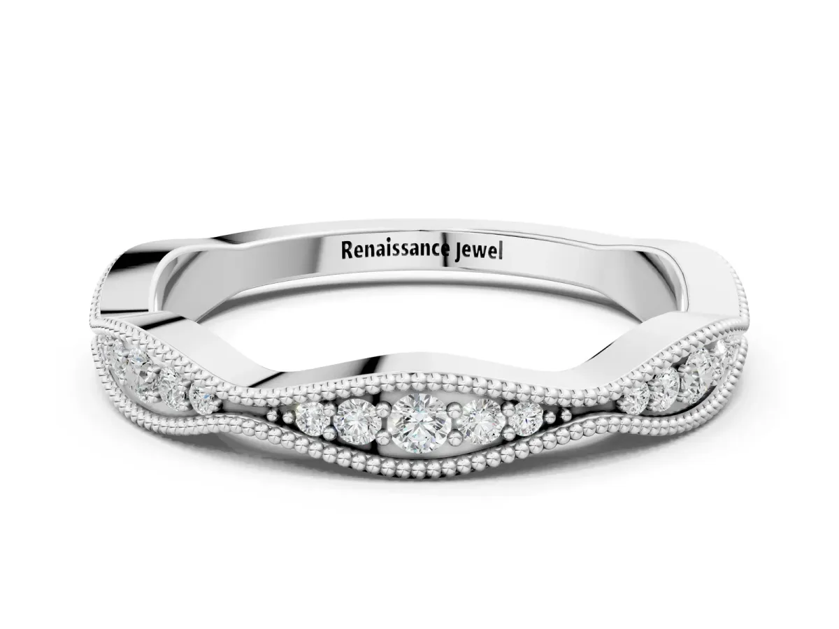 Milgrain Diamond Marquise Curved Band with Pavé Setting White gold