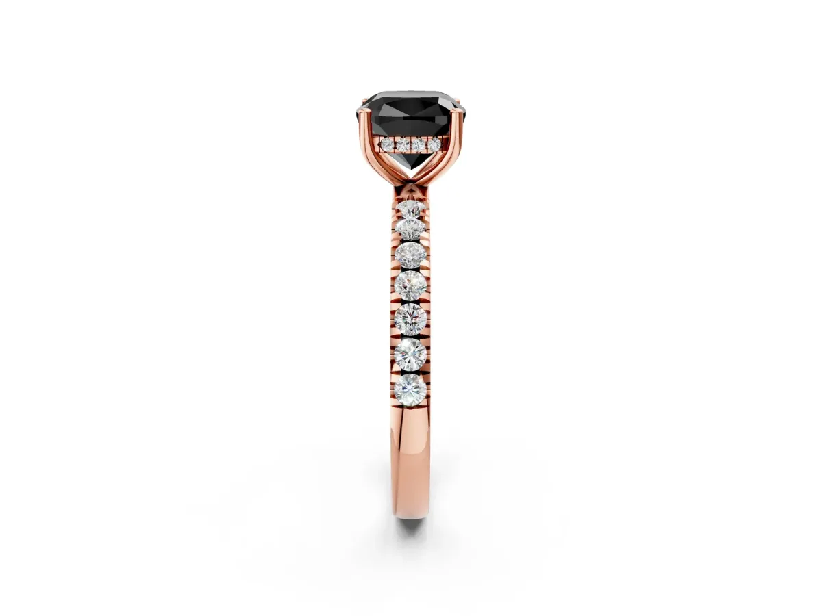 Fancy Black Cushion Cut Diamond Pave Band Solitaire Ring with Round and Prong Setting Rose gold