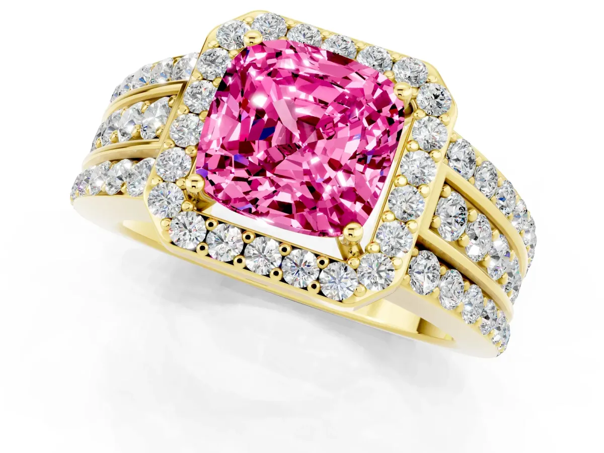 Cushion Cut Halo Pink Sapphire Ring with Round Split Shank and Prong Setting Yellow gold