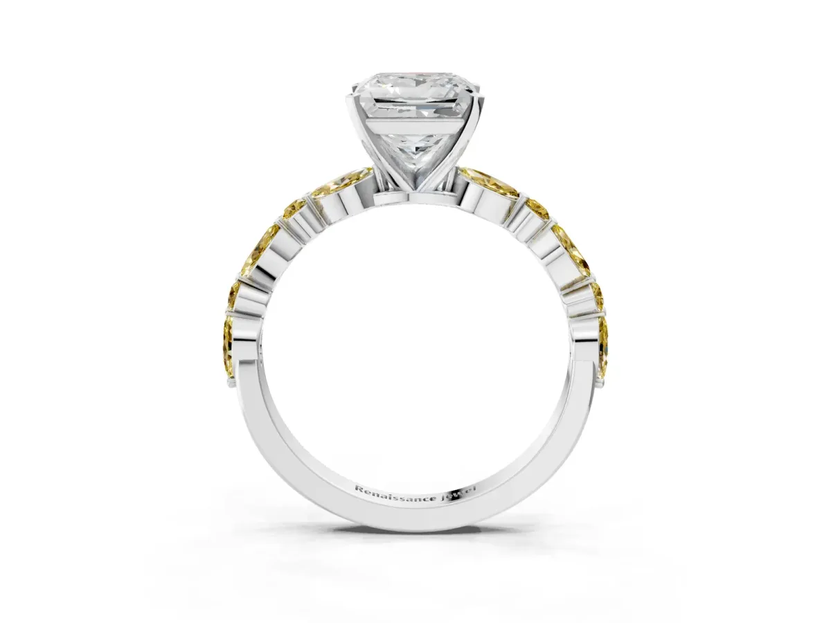 Princess Cut Diamond Ring with Marquise and Round Yellow Sapphire Side Stones and Four-Prong Setting Silver