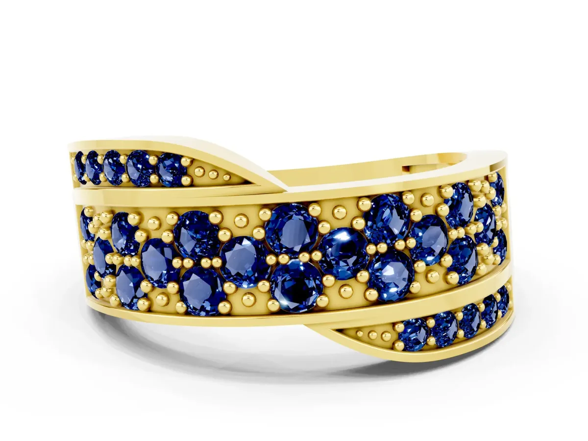 Pavé Round Blue Sapphire Crossover Band with Bead Prong Setting Yellow gold