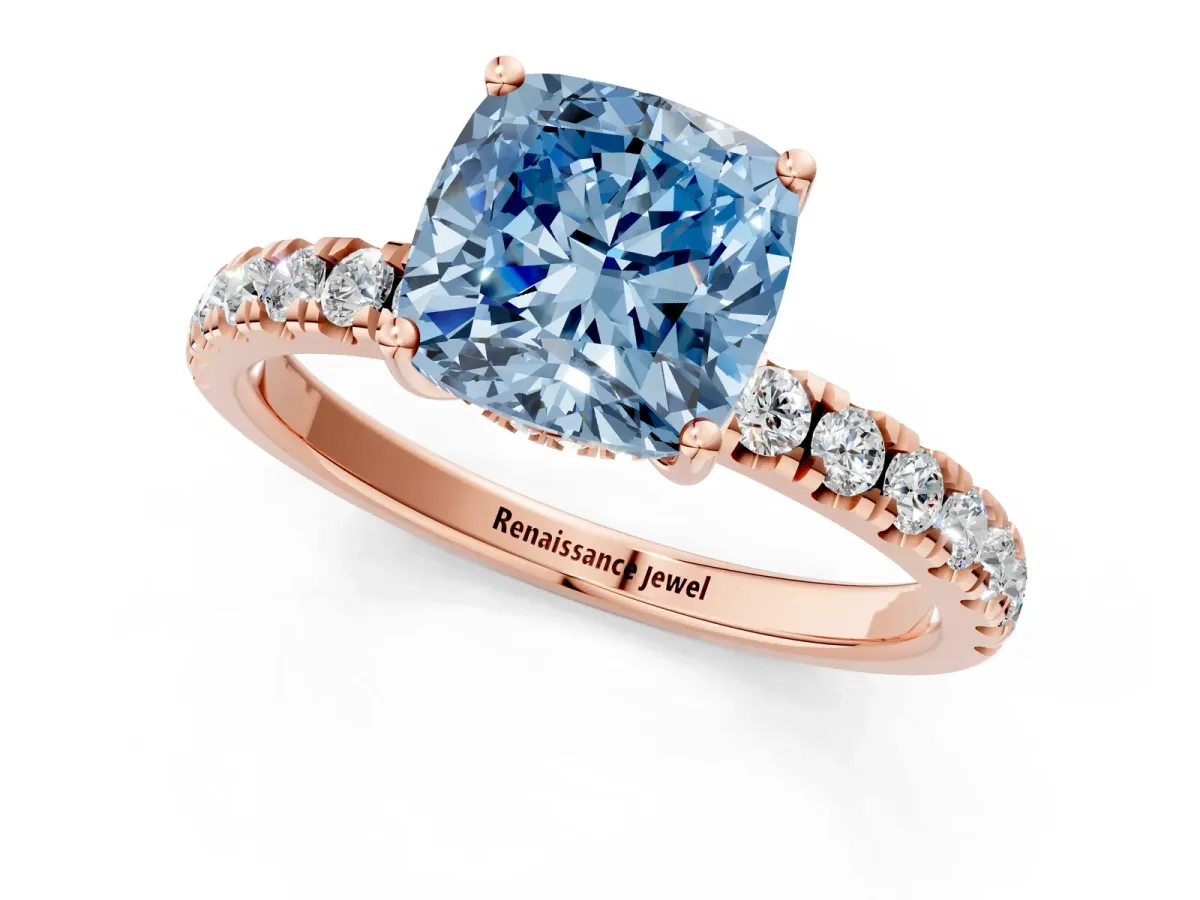 Fancy Blue Cushion Cut Diamond Pave Band Solitaire Ring with Round and Prong Setting Rose gold