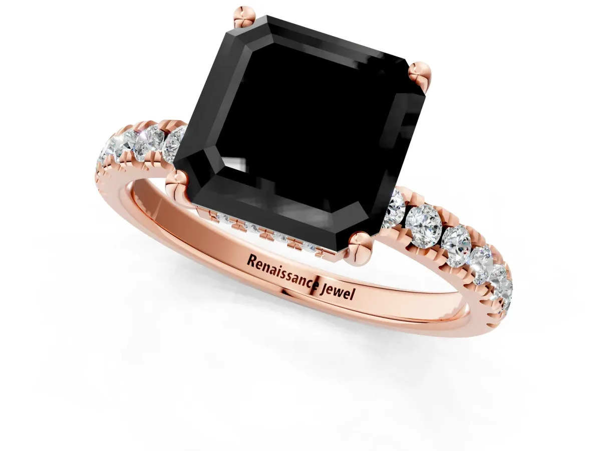Fancy Black Asscher Cut Diamond Pave Band Solitaire Ring with Round and Prong Setting Rose gold