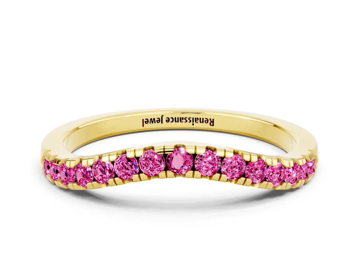 Pink Sapphire Pavé Curved Wedding Band Yellow gold