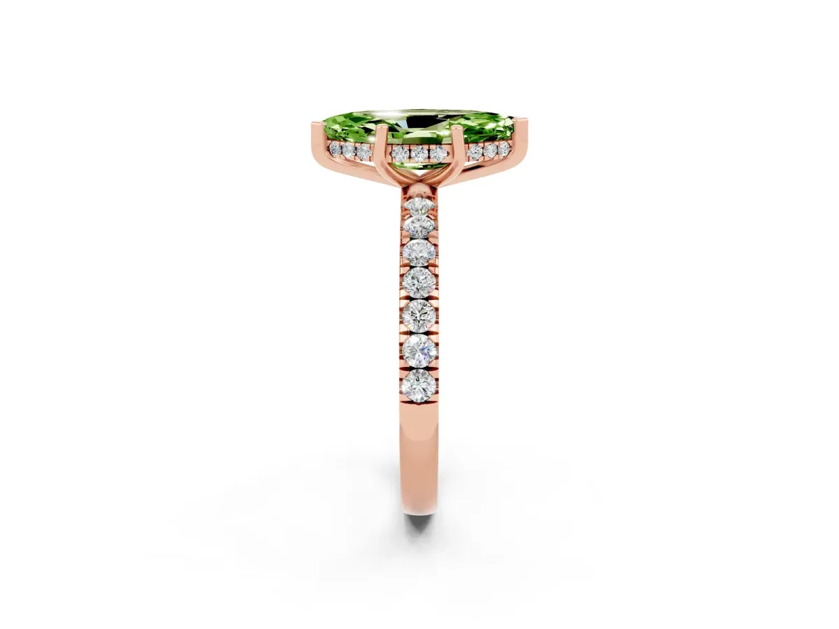 Marquise Cut Peridot Pave Band Solitaire Ring with Round and Prong Setting Rose gold