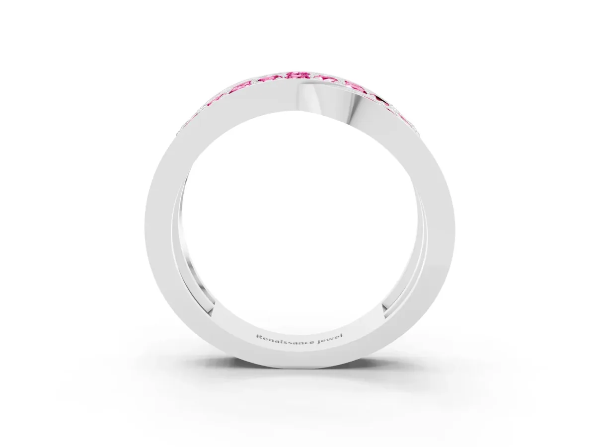 Pavé Round Pink Sapphire Crossover Band with Bead Prong Setting Platinum