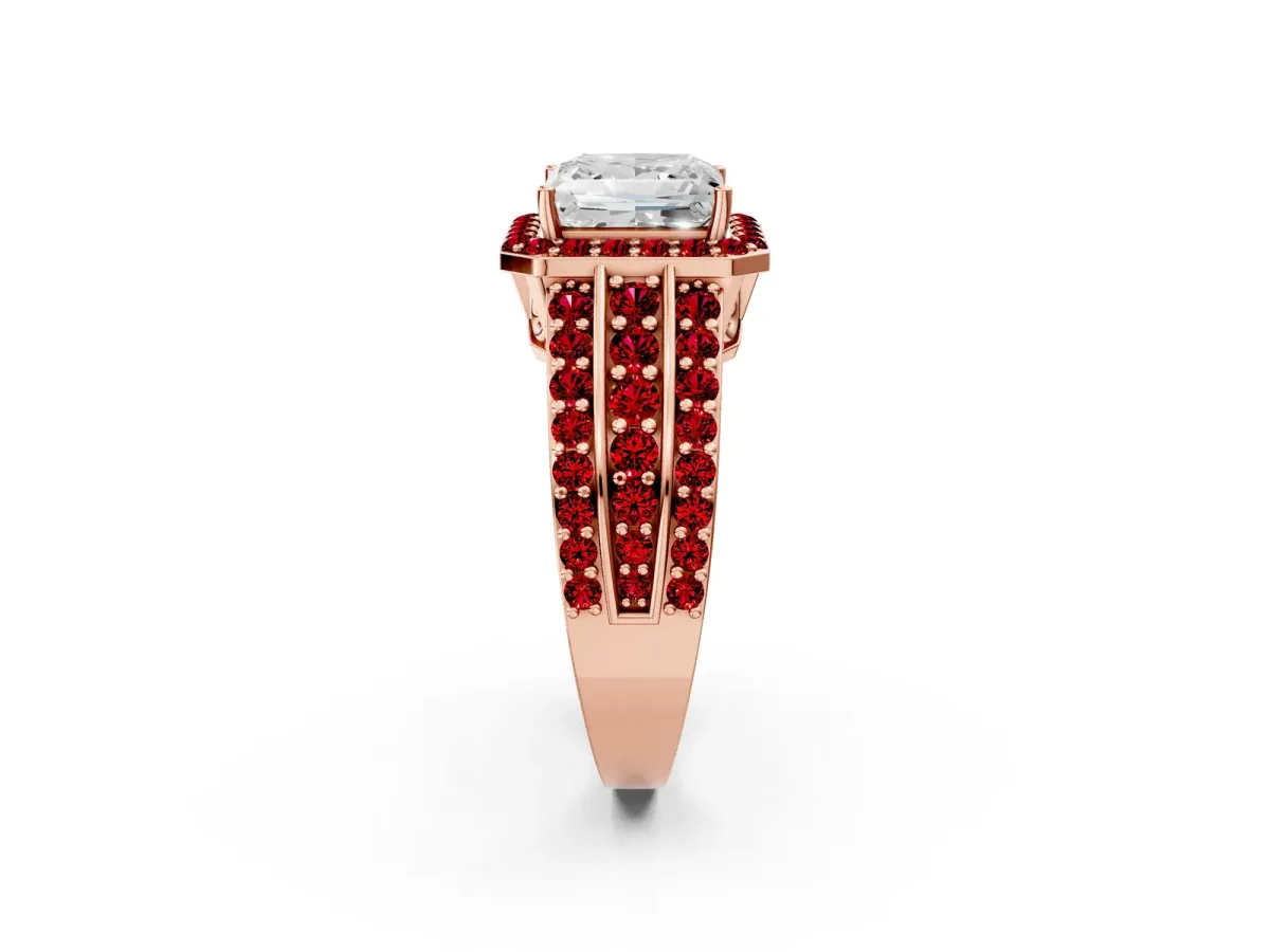 Princess Cut Halo Diamond Ring with Round Ruby Split Shank and Prong Setting Rose gold