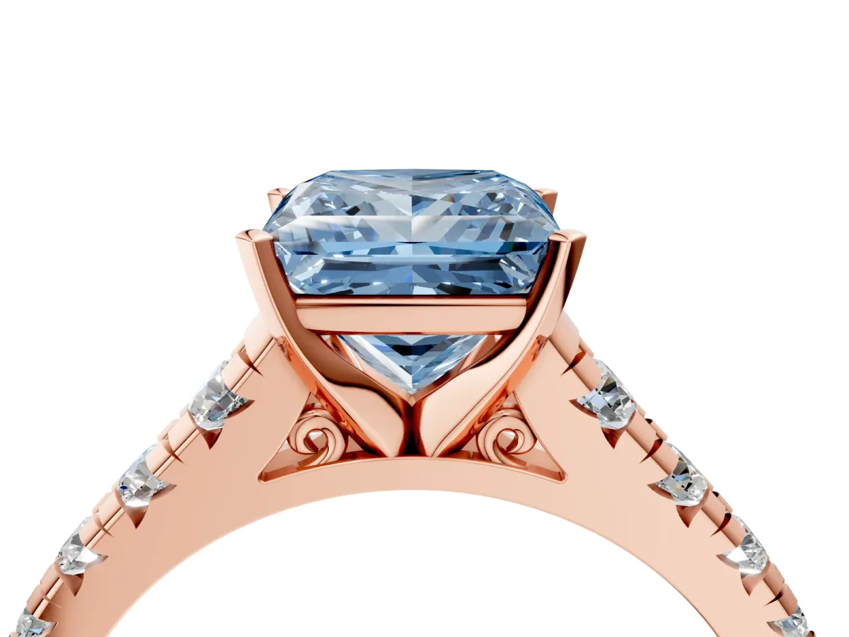 Fancy Blue Princess Cut Diamond Cathedral Solitaire Ring with Round Pavé Band Rose gold