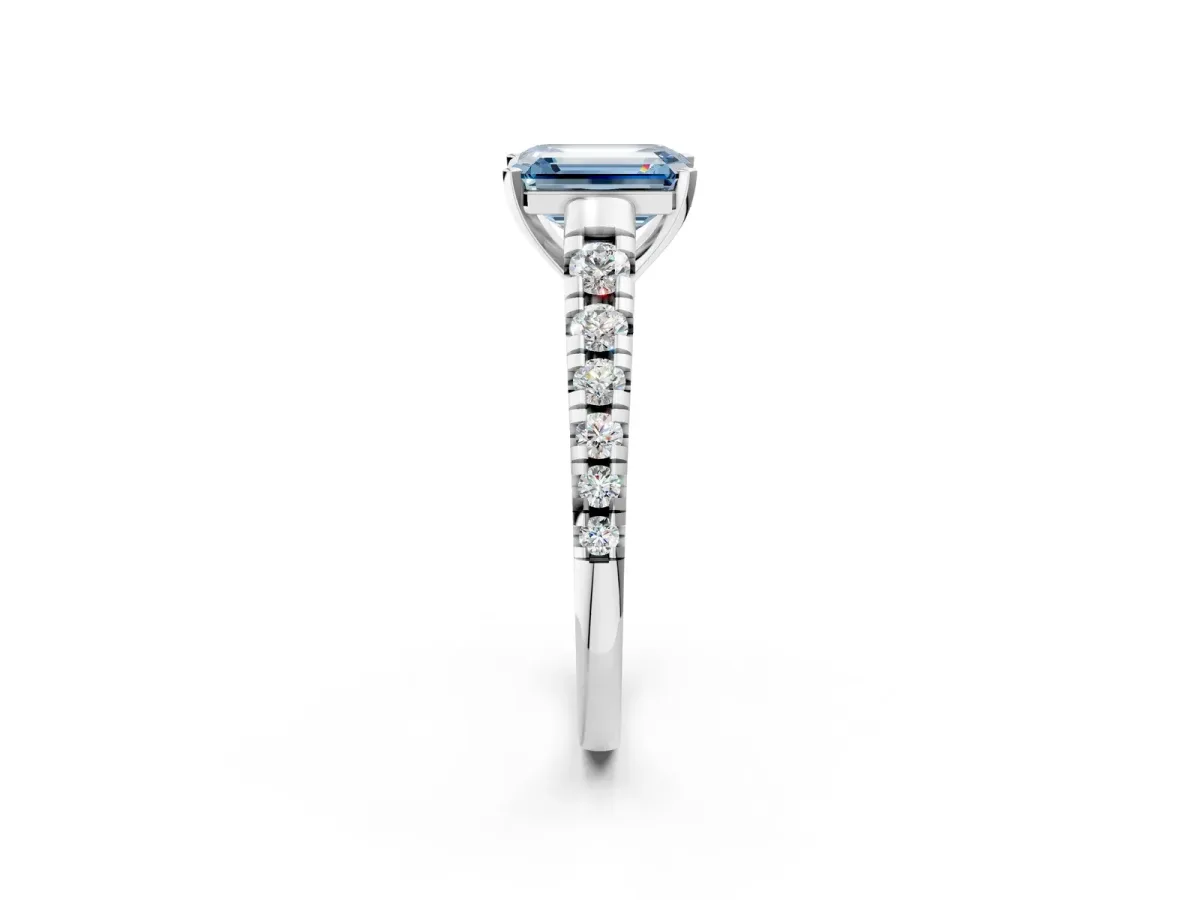 Fancy Blue Emerald Cut Diamond Cathedral Solitaire Ring with Round Pavé Band Silver
