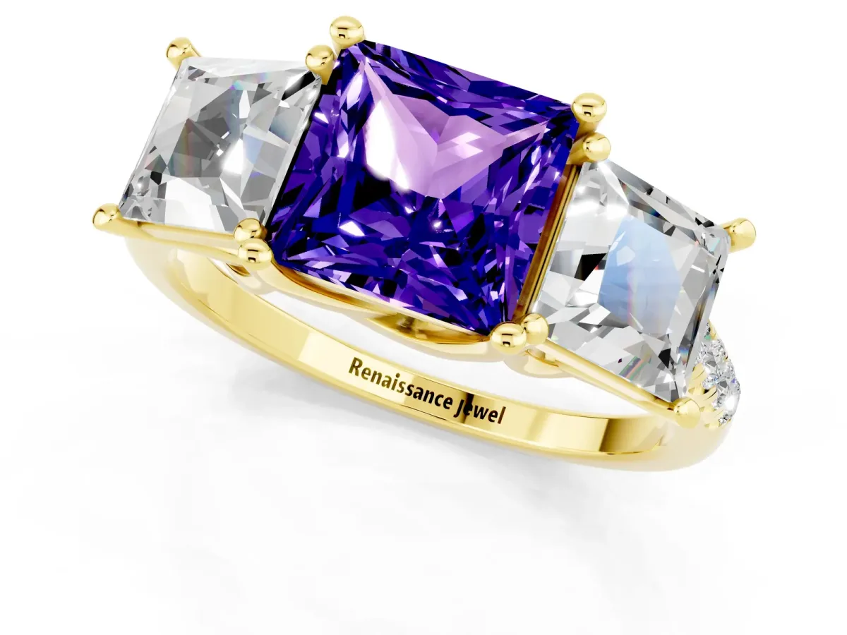 Three-Stone Princess Cut Tanzanite Ring with Round Pavé Band and Prong Setting Yellow gold