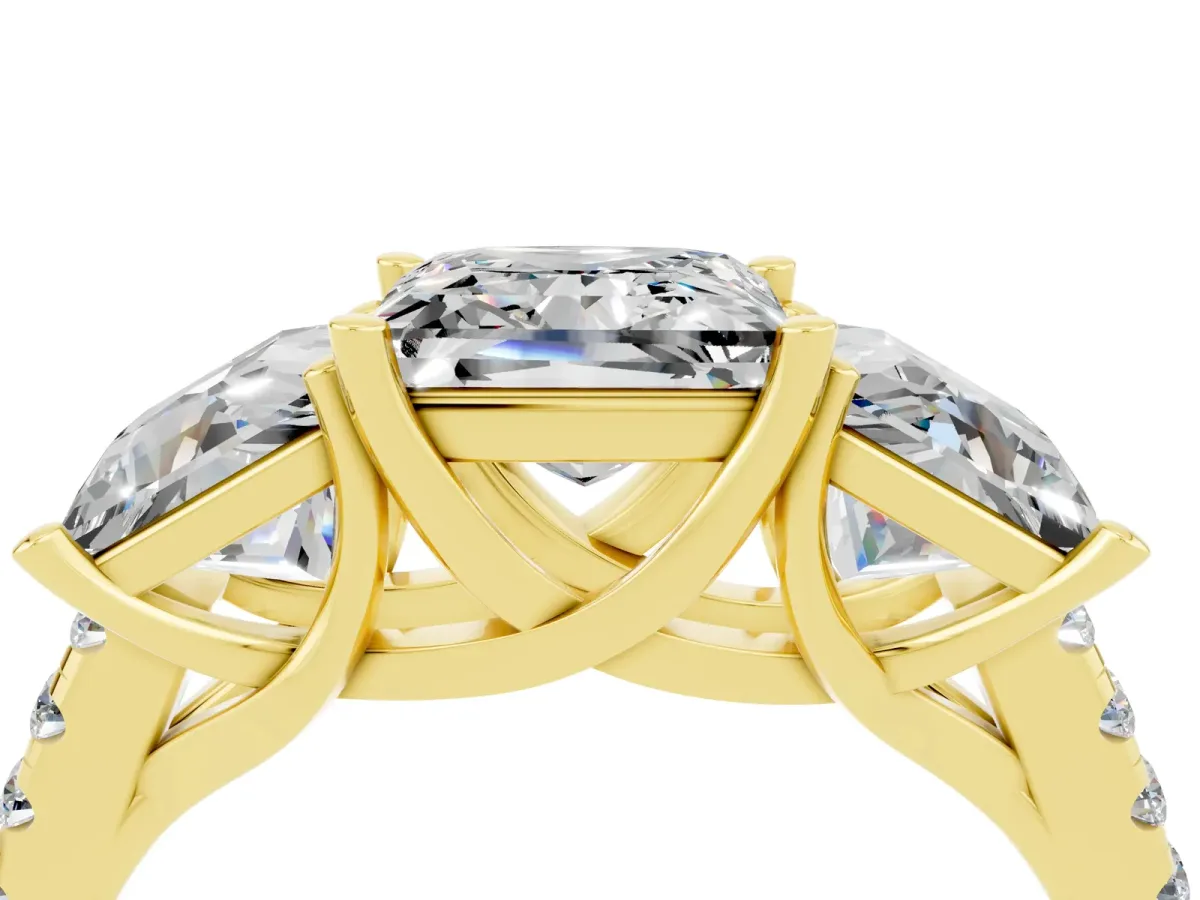 Three-Stone Princess Cut Moissanite Ring with Round Pavé Band and Prong Setting Yellow gold