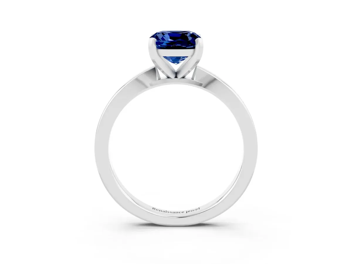 Cushion Cut Blue Sapphire Solitaire Engagement Ring with Classic Band and Four-Prong Setting Silver