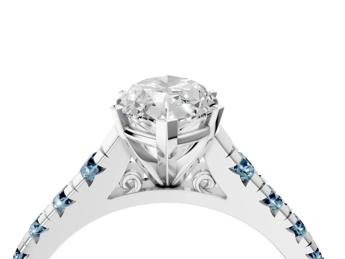 Marquise Cut Diamond Cathedral Solitaire Ring with Round Aquamarine Pavé Band Silver