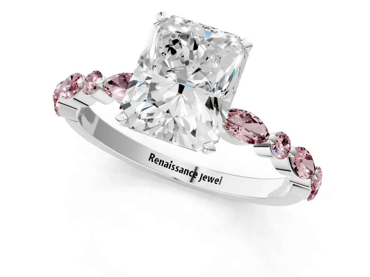 Radiant Cut Diamond Ring with Marquise and Round Morganite Side Stones and Four-Prong Setting Silver
