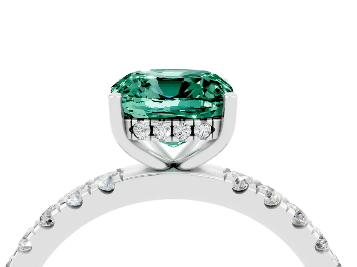 Cushion Cut Green Sapphire Pave Band Solitaire Ring with Round and Prong Setting Silver