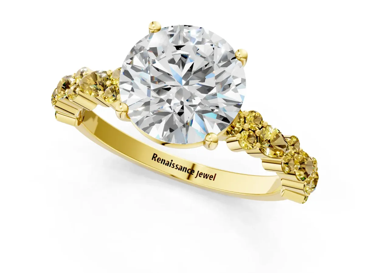 Round Cut Diamond Side Stone Solitaire Ring with Round Yellow Sapphire and Four-Prong Setting Yellow gold