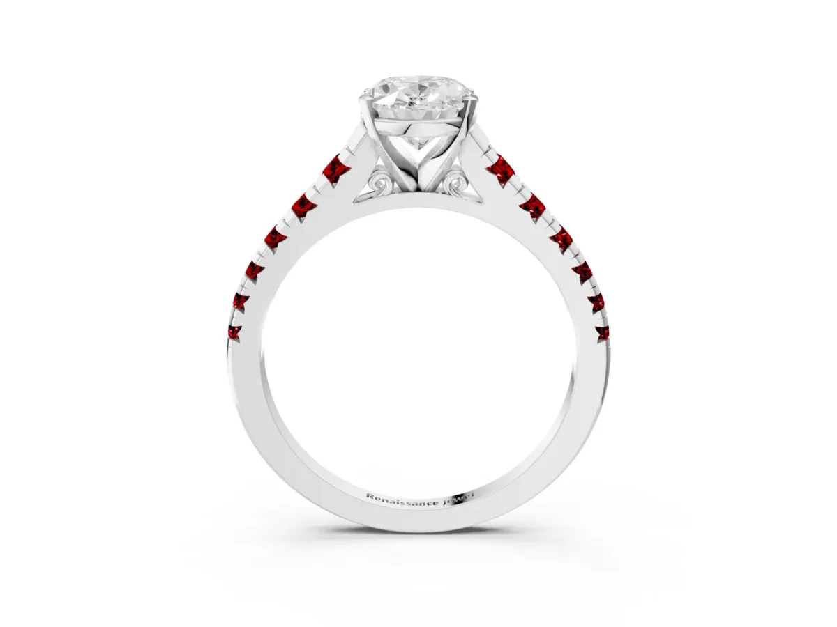 Oval Cut Diamond Cathedral Solitaire Ring with Round Ruby Pavé Band Platinum