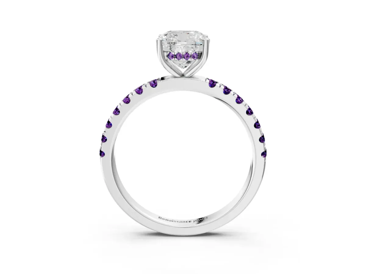 Cushion Cut Diamond Pave Band Solitaire Ring with Round Amethyst and Prong Setting White gold