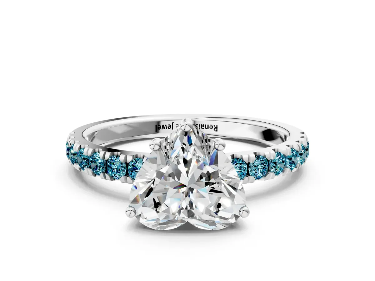 Heart Cut Diamond Pave Band Solitaire Ring with Round Blue Topaz and Prong Setting Silver