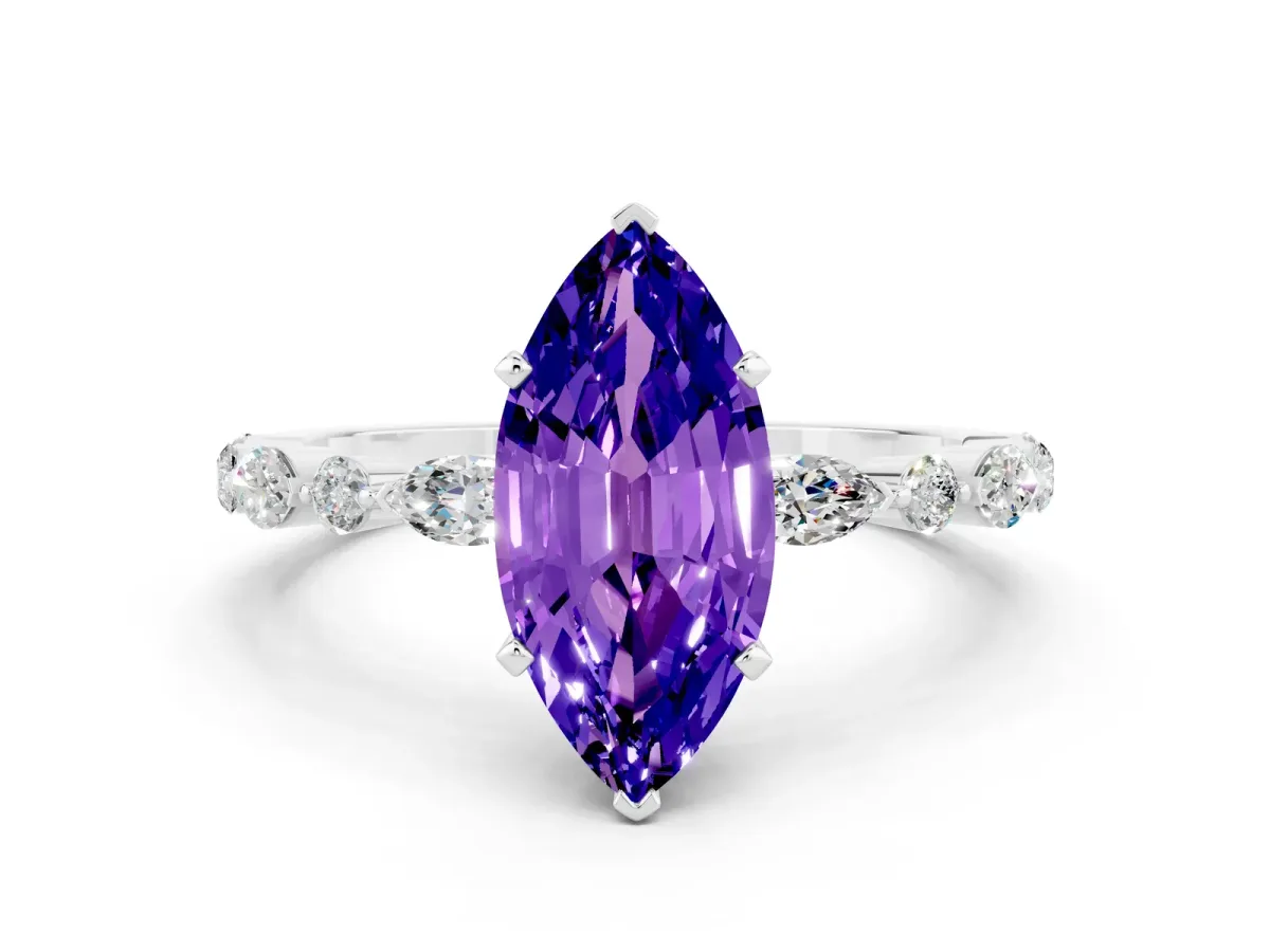 Marquise Cut Tanzanite Ring with Marquise and Round Side Stones and Four-Prong Setting Silver