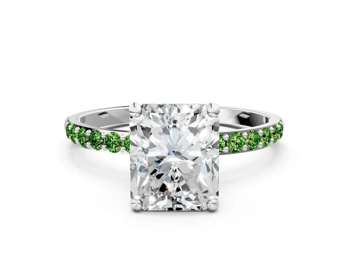 Radiant Cut Diamond Solitaire Ring with Round Peridot Pavé Band and Prong Setting Silver