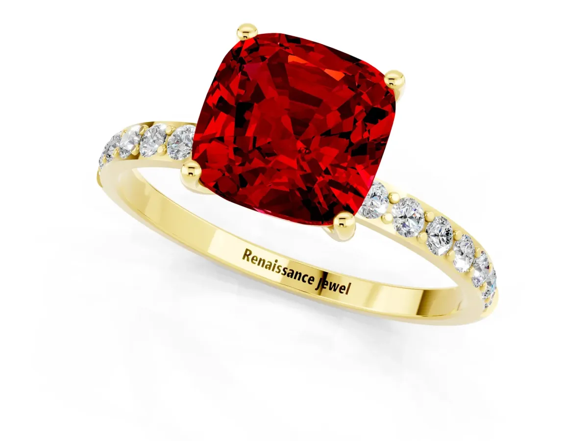 Cushion Cut Ruby Solitaire Ring with Round Pavé Band and Prong Setting Yellow gold