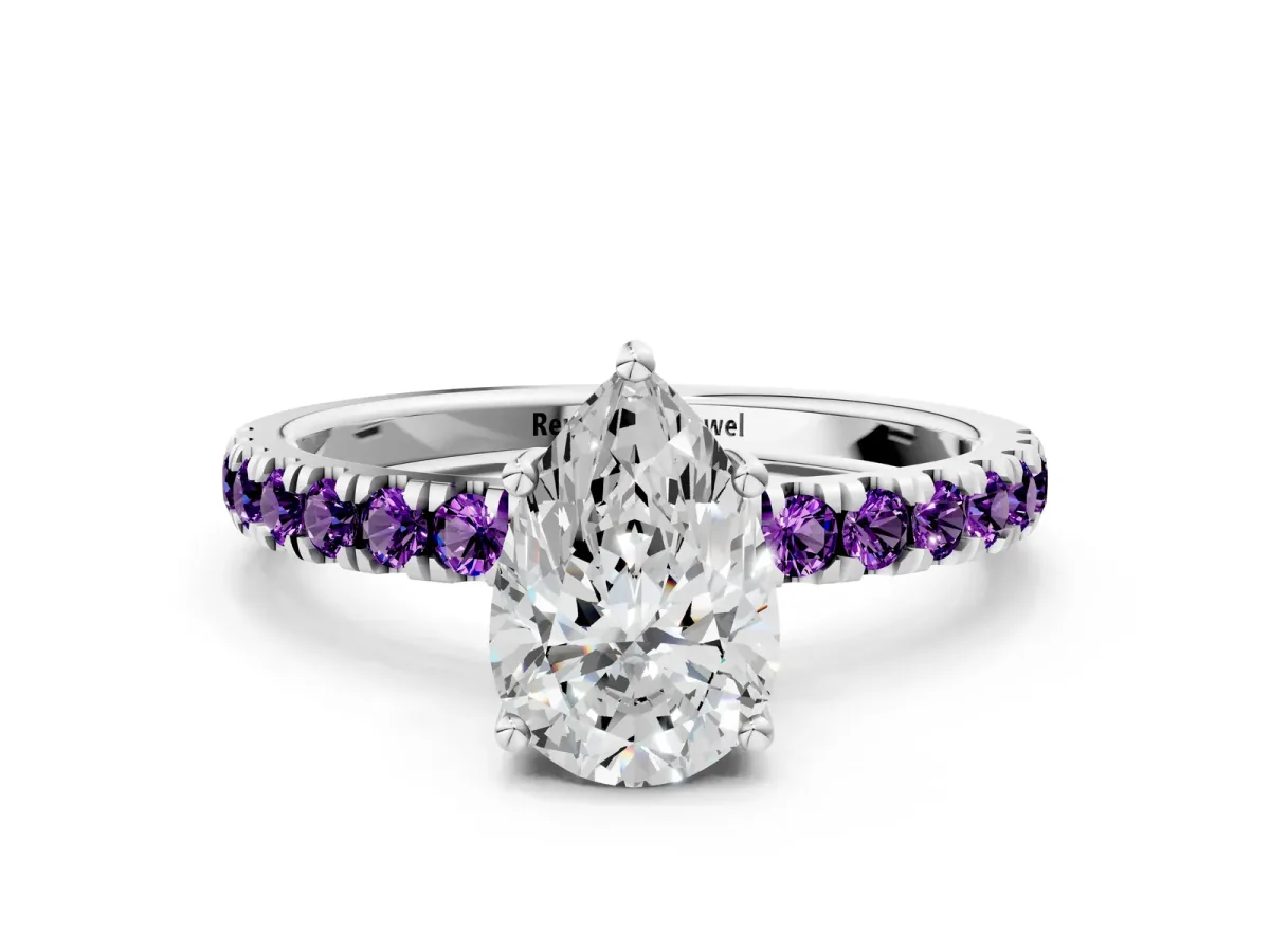 Pear Cut Diamond Pave Band Solitaire Ring with Round Amethyst and Prong Setting Platinum