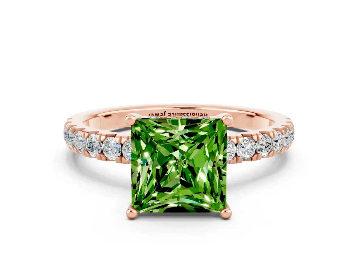 Princess Cut Peridot Pave Band Solitaire Ring with Round and Prong Setting Rose gold
