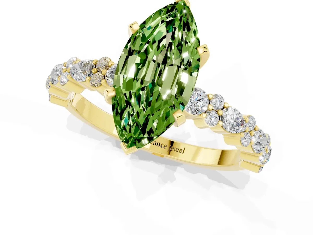 Marquise Cut Peridot Side Stone Solitaire Ring with Round and Four-Prong Setting Yellow gold