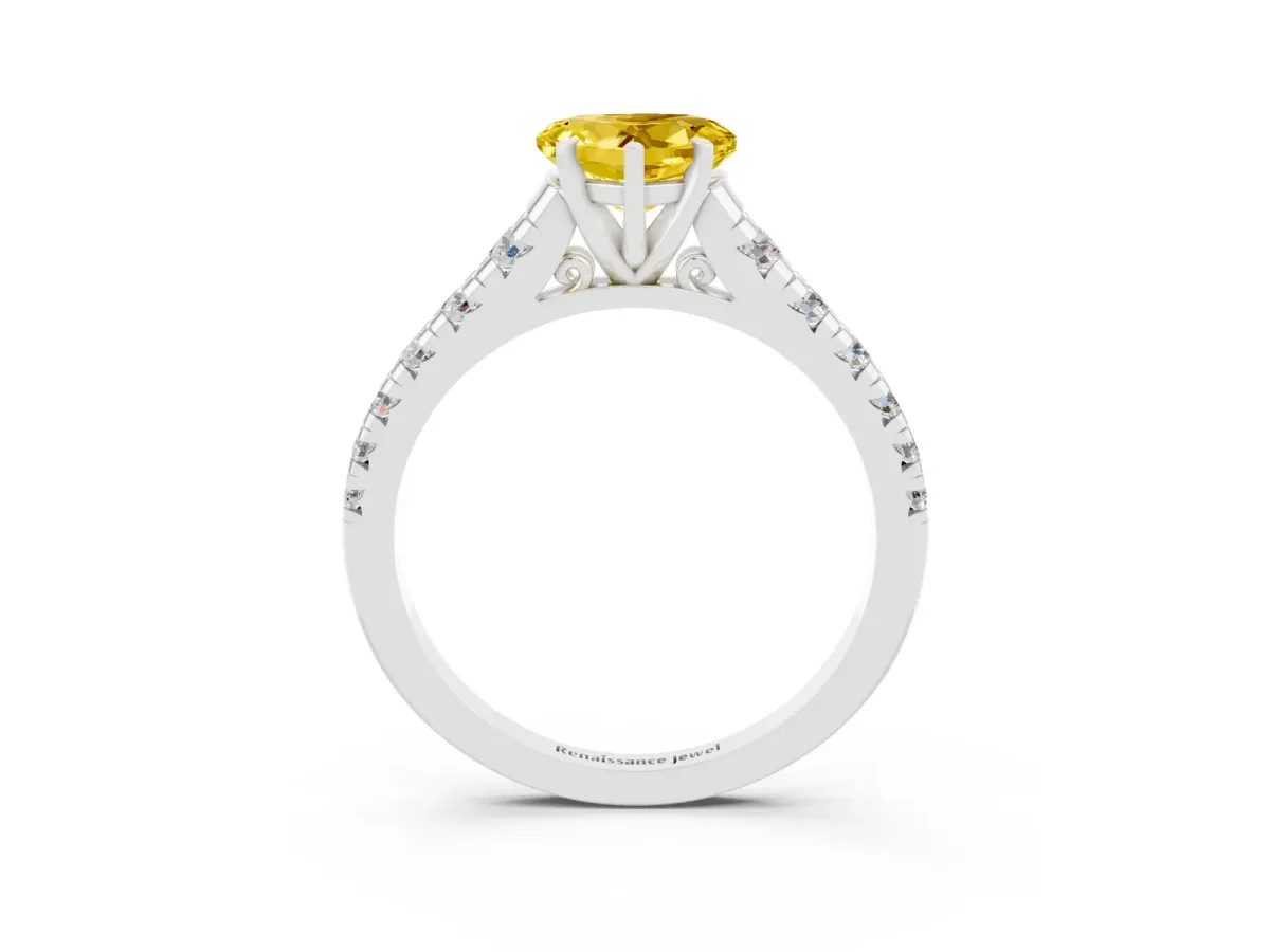 Heart Cut Yellow Sapphire Cathedral Solitaire Ring with Round Pavé Band Platinum
