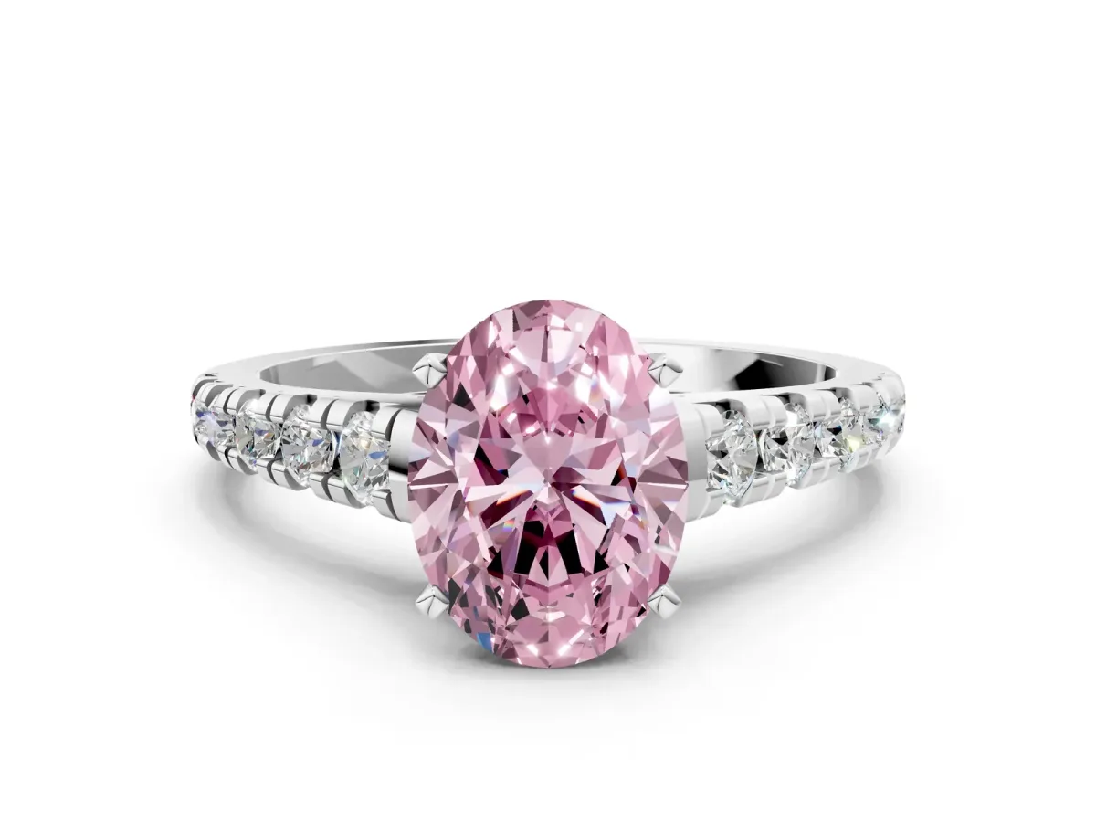 Fancy Pink Oval Cut Diamond Cathedral Solitaire Ring with Round Pavé Band White gold