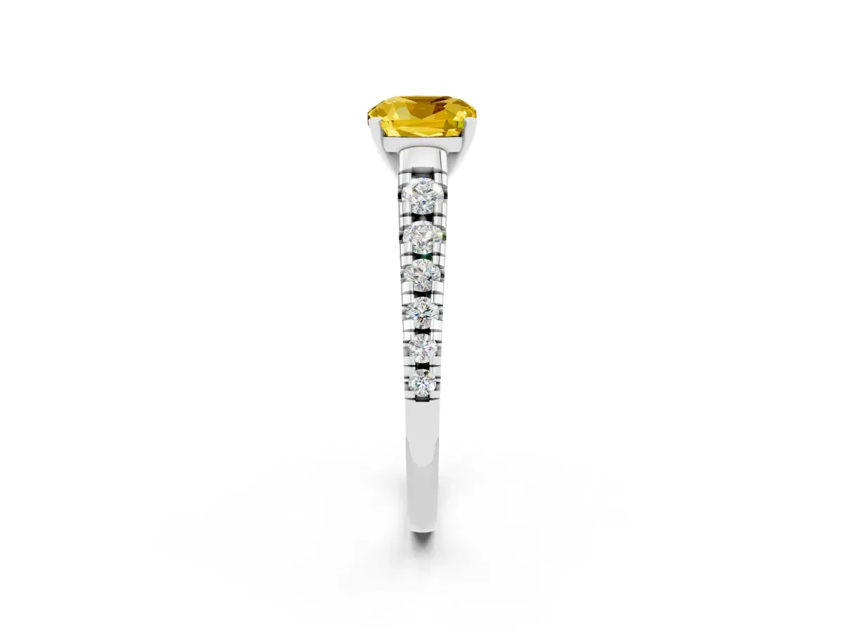 Cushion Cut Yellow Sapphire Cathedral Solitaire Ring with Round Pavé Band Silver